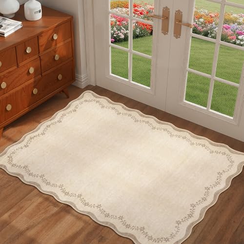 GarveeHome Scalloped Entryway Rug, 2x3 Solid Jute Washable Front Door Rug Indoor Entrance Floral Carpet Non-Slip Low Pile Throw Rugs for Kitchen Floor, Powder Room, Entry, Bathroom, Kids Room - color: Jute, size: 2' x 3' (Rectangular)