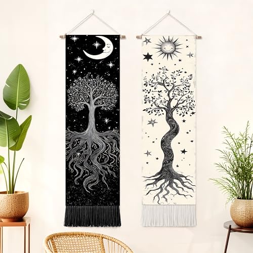 seewan 2 Pack Long Vertical Wall Tapestry, Boho Nature Landscape & Floral Aesthetic Wall Hanging for Bedroom Living Room Home Decor, Long Narrow Art Tapestry with Sunrise Mountain Botanical Designs, 13" × 51" (Night Forest Moon, 13"Wx51"H, Unframed) - col