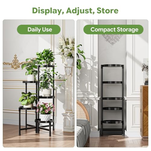Simple Trending Plant Stand Indoor Outdoor, 5-Tiers Metal Corner Shelf, Tall Display Rack with 5 Rotating Trays, Heavy Duty Flower Holders for Patio Garden Balcony Living Room Bedroom, Black