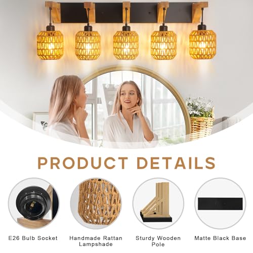 5-Light Bathroom Vanity Light Fixtures, Rustic Style Rattan Vanity Lights with Handmade Bamboo Woven Boho Wicker Lampshade, Farmhouse Wooden Bracket, Suit for Stairway Bedroom and Hallway - color: 5-Light
