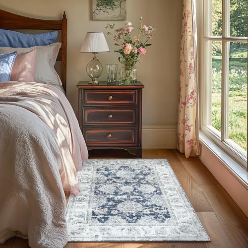 jinchan Fiora Floral Area Rug 3x5, Distressed Vintage Floral Washable Rug with Low-Pile Surface and Non-Slip Backing, for Bedroom Nursery Reading Corner Home Office and Small Living Spaces, Dark Blue - color: Distressed Dark Blue, size: 3' x 5' (Light Wei