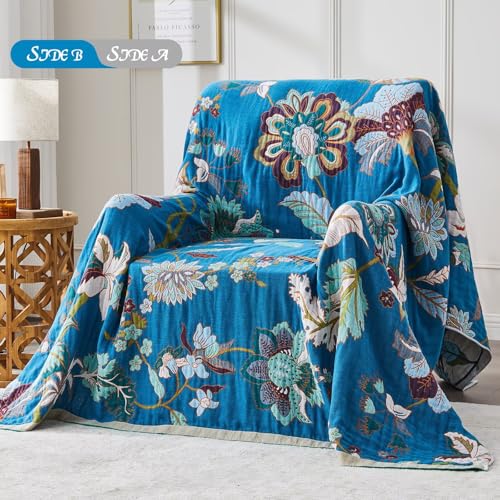 Boho Blanket Soft Muslin BohoThrow Blanket, 100% Cotton Floral Printed Farmhouse Decor All Season Reversible Rustic Throw for Sofa Couch Chair (90"x98") - color: Green, size: 90"x98"