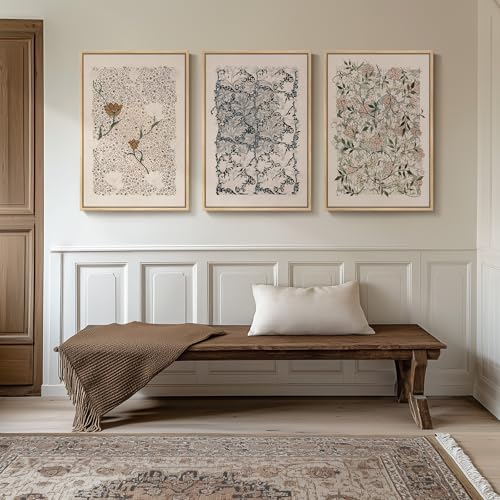 Framed Large William Morris Canvas Wall Art Set of 3, Vintage Nature Floral Artwork Prints, Boho Neutral Botanical Wall Decor for Living Room, Bedroom, Hallway and Office, Total Size 30x60 - color: Neutral Floral, size: 20"W x 30" H x 3Pcs