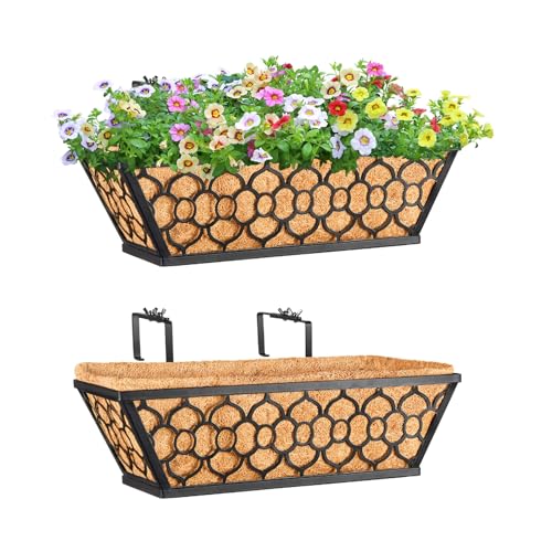 Riare 2 Pack 16 Inch Window Boxes Planters with Coco Liner, Metal Deck Railing Planter Boxes, Balcony Planters Railing Hanging, Horse Trough Window Flower Planter Boxes for Outdoor Porch Fence Patio - size: 16Inch
