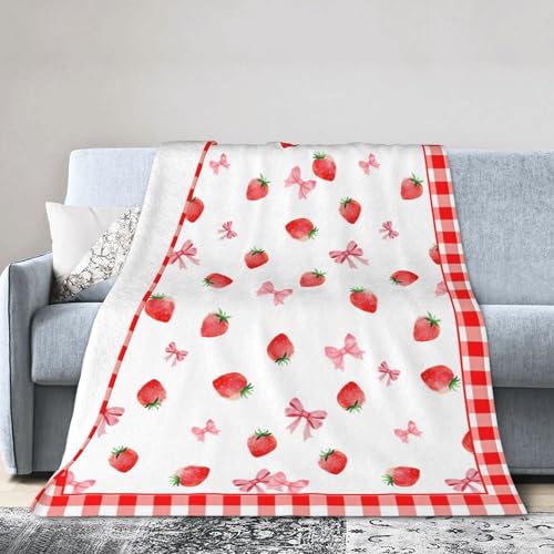Cute Strawberry Throw Blanket for Couch Chair Sofa Bed, Flannel Soft Watercolor Summer Fruit Pink Ribbon Buffalo Plaid Warm Cozy Farmhouse Blanket for Bedroom Living Room Car All Season 30"x 40" - color: Strawberry02, size: 30X40 inch