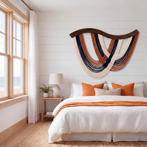 Mindsoft Terracotta Navy White Macrame Wall Hanging Dip Dyed Yarn Wall Art, Boho Decor Handmade Cotton Rope Tapestry for Bedroom, Living Room, Nursery, 31.5 x 23.6 Inch - color: Modern Bohemian