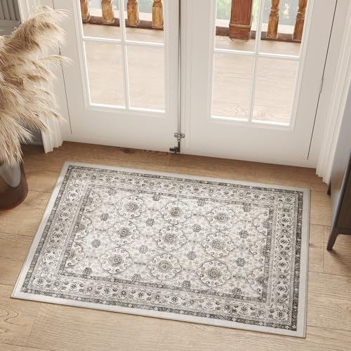 jinchan Floral 2x3 Rugs for Entryway - Machine Washable Beige Vintage Distressed Boho Design Soft Faux Wool Small Non-Slip Doormat for Entrance Kitchen Living Room Bedroom Farmhouse (2‘x3', Beige) - color: Multi Beige, size: 2' x 3' (Buttery Soft)