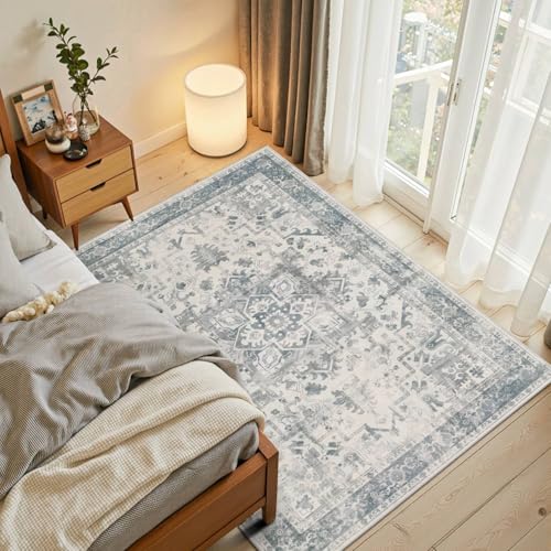 Rugxara 3x5 Washable Entryway Rug, Non Slip Boho Runner Rugs for Hallway, Entrance, Kitchen, Bathroom, Laundry Room, Soft Entryway Carpet, Throw Low Pile Retro Imitation Wool Carpet, Light Blue Grey - color: Blue & Grey, size: 3' x 5' (Rectangular)