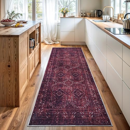 Bloom Rugs Washable Non-Slip 7 ft Runner - Dark Red Traditional Bordered Runner for Entryway, Hallway, Bathroom, and Kitchen - Exact Size: 2.5' x 7' - color: Dark Red, size: 2'6" x 7' (Runner)