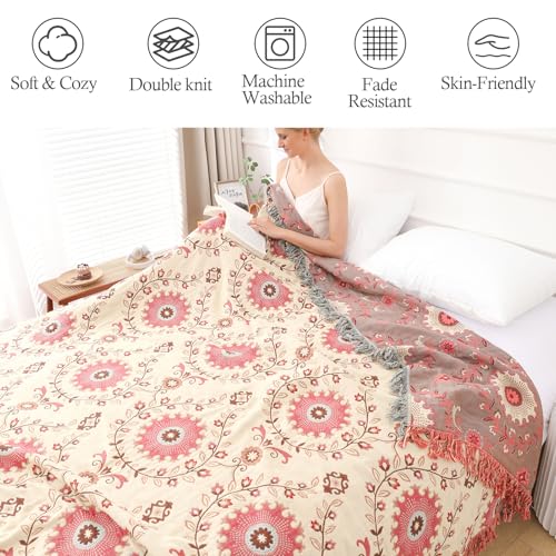 Snycler Boho Throw Blanket for Bed - 100% Cotton Ultra Soft Rustic Quilt - Pink Boho Floral Printed Farmhouse Decor Bed Blankets, 60"×80" All Season Rustic Throw for Sofa Couch Chair - color: Pink Boho Floral, size: 60"x80"