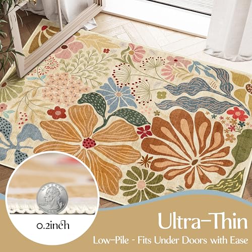 MUJOO 2x3 Washable Rug Floral Small Area Rugs for Entryway Kitchen Bathroom,Non Slip Throw Carpet for Bedroom Entrance Door Mat Boho Modern Abstract Botanical Flower Beige - color: Beige, size: 2' x 3' (Rectangular)