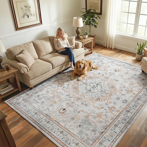 HOOBRO Washable Rug 8 x 10 Area Rugs for Living Room, Non-Slip Stain Resistant Rug, Low Pile Soft Rug Indoor Large Carpets Pet Friendly Mat, for Bedroom Kitchen Dining Room, Vintage Beige EF05AR01 - color: Vintage Beige, size: 8' x 10' (Rectangular)