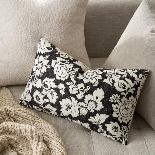 Black 12x20 Floral Pillow Covers：Vintage Throw Pillows Decorative 100% Cotton Covers — Neutral Modern Farmhouse Patterned Accent Covers for Couch Sofa Bed Living Room Farmhouse Pillowcases Pack of 2 - color: Sf-black, size: 20" x 12" (Pack of 2)