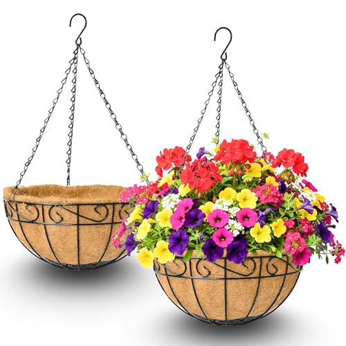 2 Pack 12 Inch Hanging Baskets for Plants Outdoor Metal Hanging Planters Round Hanging Flower Pots with Coco Coir Liner Plant Holder for Outdoor Patio Garden Balcony Decor - Flower Border - color: Flower Border