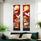 seewan 2 Pack Long Vertical Wall Tapestry, Boho Nature Landscape & Floral Aesthetic Wall Hanging for Bedroom Living Room Home Decor, Long Narrow Art Tapestry with Sunrise Mountain Botanical Designs, 13" × 51" (Orient Golden Festive, 13"Wx51"H, Unframed) -