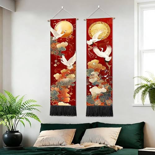 seewan 2 Pack Long Vertical Wall Tapestry, Boho Nature Landscape & Floral Aesthetic Wall Hanging for Bedroom Living Room Home Decor, Long Narrow Art Tapestry with Sunrise Mountain Botanical Designs, 13" × 51" (Orient Golden Festive, 13"Wx51"H, Unframed) -