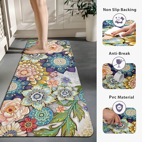 Boho Floral Kitchen Rugs Mats for Floor 2 Piece Memory Foam Padded Kitchen Mats Anti Fatigue Non Slip Cushioned Comfort Standing Mat, 17.3x28+17.3x47 Inch - color: Colorful Boho Floral, size: 17.3"x28"+17.3"x47"-0.40Th[2PCS]