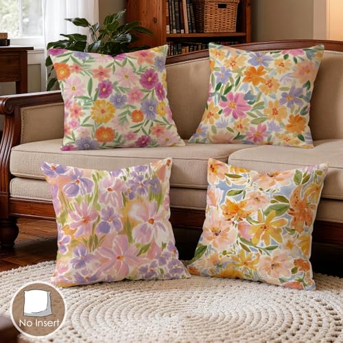 OBSEDE Impressionist Floral Decorative Throw Pillow Covers, Set of 4 Soft Linen Cushion Cases 18x18 Inch for Sofa Decor - color: Impressionist Floral