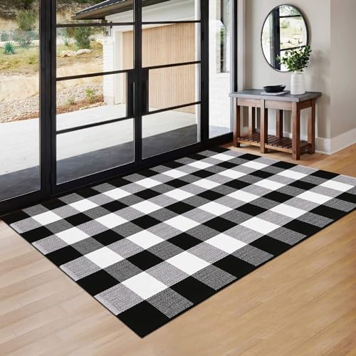 Buffalo Plaid Rug 3'x5' Black and White Checkered Rug Front Door Mat Outdoor Cotton Washable Front Porch Rug Layered Doormats for Front Porch/Farmhouse/Entryway - size: 3'x 5'