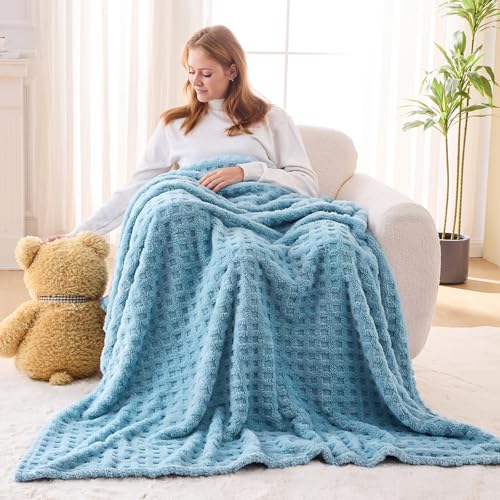 NEWCOSPLAY Super Soft Throw Blanket Blue Premium Silky Flannel Fleece 3D Waffle Checkered Lightweight Bed Blanket All Season Use (Blue, Throw(50"x70")) - color: Blue, size: Throw(50"x70")