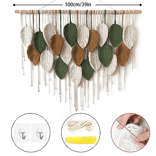 KHOYIME Large Macrame Wall Hanging Boho Woven Tapestry, Chic Home Decor Modern Bohemian Handmade Leaf Feather Wall Art Decorations for Apartment Dorm Living Room Bedroom Nursery Backdrop 39"W X 29.5"L - color: 39"W x 29.5"L