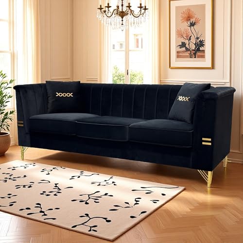 KEIKI 83" Oversized Luxury Velvet Chesterfield Sofa with 2 Pillows, Vertical Channel Tufted Backrest, Modern Style Gold Metal Accents 3-Seater Couch, Easy Assembly, for Living Room, Apartment, Black - color: Black, size: 83"