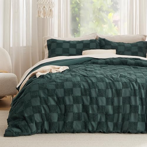 Bedsure Twin/Twin XL Comforter Set Emerald, Boho Tufted Bed Set, Checkered Farmhouse-Style Distressed Vintage Bedding, 2 Pieces, 1 Plaid Geometric Comforter and 1 Pillow Sham - color: 02 - Emerald - Tufted Checkboard, size: Twin/Twin XL