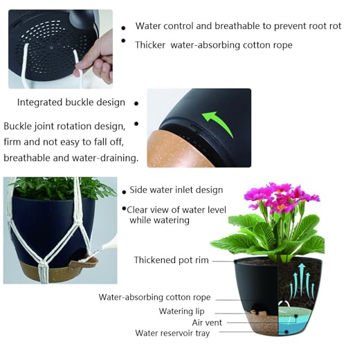 Hanging Planters with Macrame Plant Hangers for Indoor Outdoor Plants, 3 Set Hanging Baskets Flower Pots Holders 35''/27''/21'', Self-Watering Pots 7''/6''/5.5'', Boho Home Decor, Black - color: Black