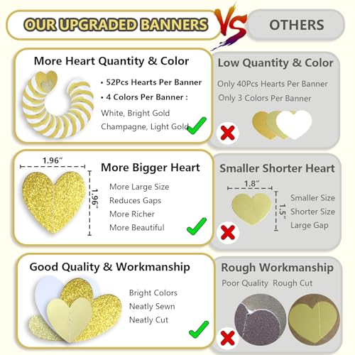 Gold-White Heart-Garland Streamers Engagement-Birthday Party-Decorations - 52Ft Glitter Champagne Hanging Banner Decor Wedding Congratulations Bachelorette Bridal Baby Shower Garsellen - color: Gold White Champagne