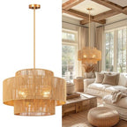 24'' Boho Rattan Chandelier, 4-Light Hand-Woven Wicker Pendant Lamp, Rustic Modern Ceiling Light Fixture for Dining Room, Kitchen Island, Living Room, Bedroom, Foyer, Entryway, Over Table - color: Brown A