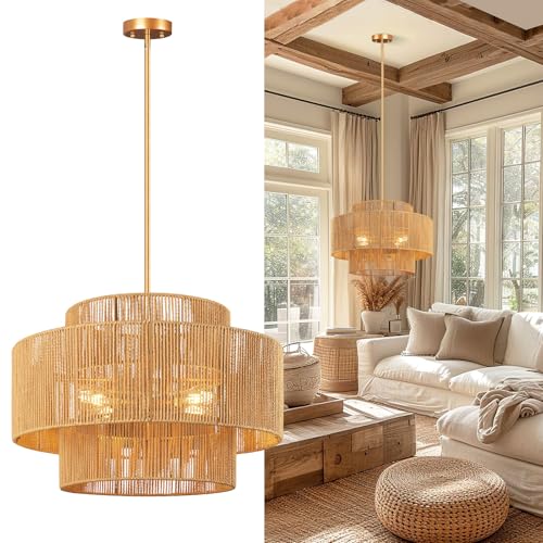24'' Boho Rattan Chandelier, 4-Light Hand-Woven Wicker Pendant Lamp, Rustic Modern Ceiling Light Fixture for Dining Room, Kitchen Island, Living Room, Bedroom, Foyer, Entryway, Over Table - color: Brown A