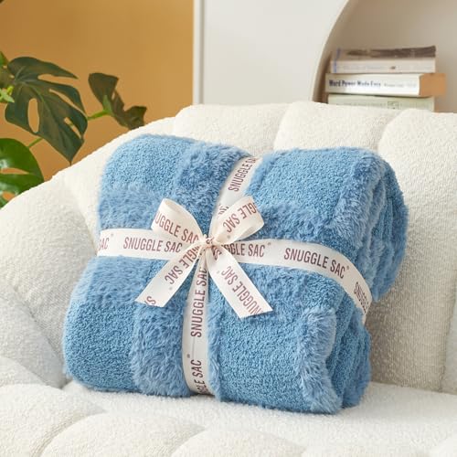 Snuggle Sac Faux Fur Checkered Blanket Twin Size with Soft Knitted Microfiber Fabric,Cozy Soft Warm Blanket for Sofa Bedroom Living Room,Solid Blue,60x80 inches - color: Solid Blue, size: Twin(60"x80")