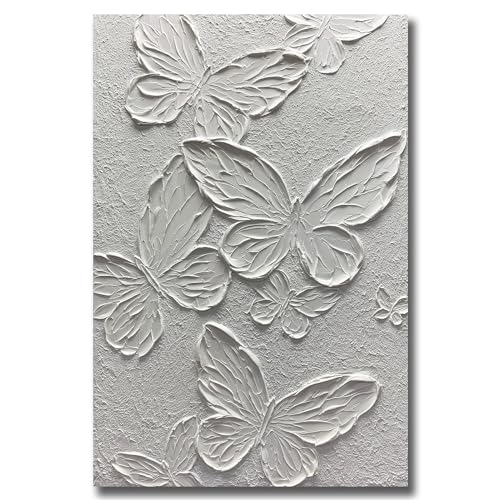 Boiee Art,24x36Inch Hand-Painted Textured Butterfly Vertical Wall Art Abstract Pure White Oil Paintings Modern Contemporary Wall Art Framed Ready to Hang for Home Decorations - color: Pure White, size: 24"L x 36"W