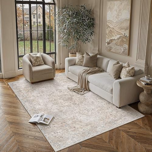 HUGEAR Area Rugs 5x7 Washable Rug for Living Room Bedroom Beige Vintage Rug Carpet Low Pile Non Slip No Shedding Soft Durable Indoor Dining Room Home Decor Floor Mat - color: Beige, size: 5' x 7' (Rectangular)