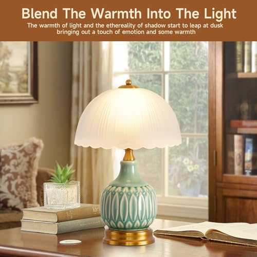 Table Lamps Ceramic Retro Lamp for Living Room,15.7" Modern Bedside Nightstand Traditional Lamps, Classic Chinoiserie Green Glass Lamp for Home (Retro) - style: Retro