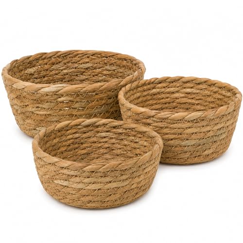 3 Pcs Natural Woven Planter Basket, Handwoven Grass Plant Basket Pot Cover, Round Decorative Storage Basket for Indoor Plants, Flower Pots, Desktop Organizer (3 Sets) - size: 3 Sets
