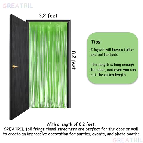 Lime Green Streamers Party Backdrop - GREATRIL Tinsel Curtain for St Patrick's Day/Frog/Wizard - 3.2ft X 8.2ft - 2 Packs - color: Lime Green