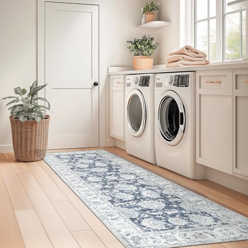 jinchan Fiora Runner Rug 2x5, Distressed Vintage Floral Washable Rug with Low-Pile Surface and Non-Slip Backing, for Entryway Kitchen Laundry Room Indoor Walkways and High-Traffic Areas, Dark Blue - color: Distressed Dark Blue, size: 2' x 5' (Light Weight