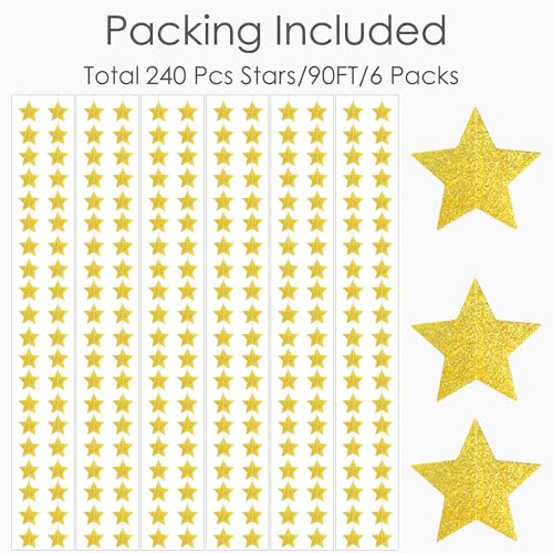 Glitter Gold Iridescent-Star-Garland 90FT – 240 Pcs Sparkling Star Streamers – Hanging Glitter Star Banner Backdrop for Birthday, Baby Shower, Wedding, Christmas Party Decorations (6 Packs) - color: Glitter Gold