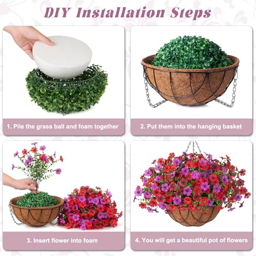 Artificial Silk Flowers Hanging Baskets Outdoors Indoors, Daisy with Eucalyptus Leaves Arrangement for Garden Yard Spring Summer Decor Faux Green Plant Metal Coconut Lining (Red Purple Red Brown) - color: Red Purple & Red Brown