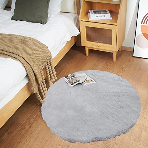 Ghouse Faux Rabbit Fur Round Rug 3ft Grey Round Rugs for Bedroom Decor Fluffy Area Rugs for Living Room, no-Shedding Carpet Sheepskin Washable Rug Rome Decor - color: Grey, size: 3*3 Ft Round