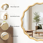 Circle Wood Mirrors for Wall, Wavy Round Bathroom Scalloped Mirror Wooden Frame 30 Inch for Living Room Farmhouse Bedroom Hallway Entryway Living Room with Shatterproof Glass Wall Mounted - size: 30"L x 30"W