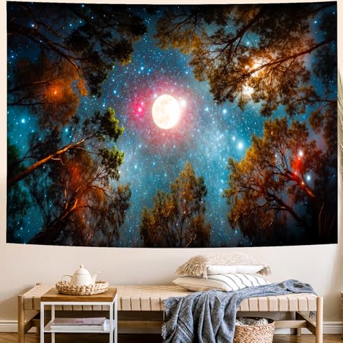 Delur Forest Tapestry Galaxy Moon Stars Night Space Starry Sky Wall Hanging Tapestry Aesthetic Tree Nature Landscape Psychedelic Headboard for Bedroom Living Room Home Decor (59.1" x 78.7") - color: Moon Forest, size: 59.1"L x 78.7"W