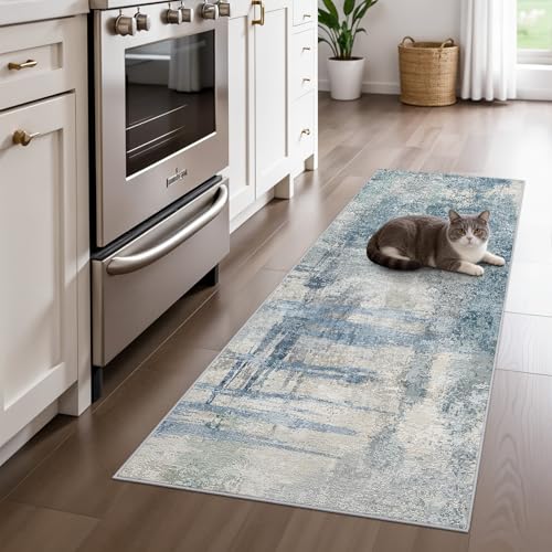 Modern Abstract Runner Rug 2x5: Washable Non-Slip Hallway Runner for Entryway, Kitchen - Soft Low-Pile Carpet with Rubber Backing, Throw Rugs for High Traffic Areas 2x5 Blue - color: Blue, size: 2' x 5' (Rectangular)