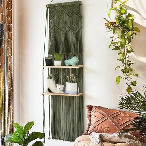 Flber Hanging Shelf Macrame Wall Hanging Green Boho Shelfs with Tassels 2 Tier Floating for Plants Bedroom Dorm Living Room Wall Decor Rustic Wooden Organizer(Wood) - color: Green1
