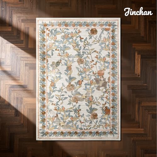 jinchan Eden Floral Area Rug 2x3 Entryway Vintage Washable Indoor Doormat Accent Rug Lightweight Soft Small Non-Slip Low-Profile Distressed Orange Fall Decor Carpet for Kitchen Bedroom Bathroom - color: Eden Orange, size: 2' x 3' (Rectangular)