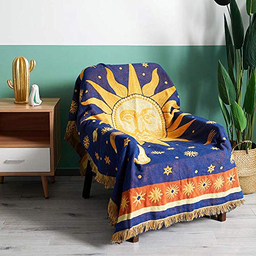 Erke Moon and Sun Throw Blanket Celestial Chair Recliner Cover Bed Spread Hippie Room Decor, Double Sided Cotton Woven Sofa Couch Furniture Aesthetic Witchy Throws - 50" X 70", Yellow/Blue - size: 50" x 70"
