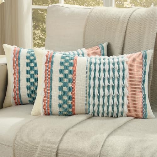 FUTEI Pack of 2 Boho Chenille Decorative Throw Pillow Covers 12x20 Inch Soft Plush Tufted Striped Textured Pillow Case,Farmhouse Accent for Couch Bed Living Room, Teal - color: Teal, size: 20" x 12" (Pack of 2)