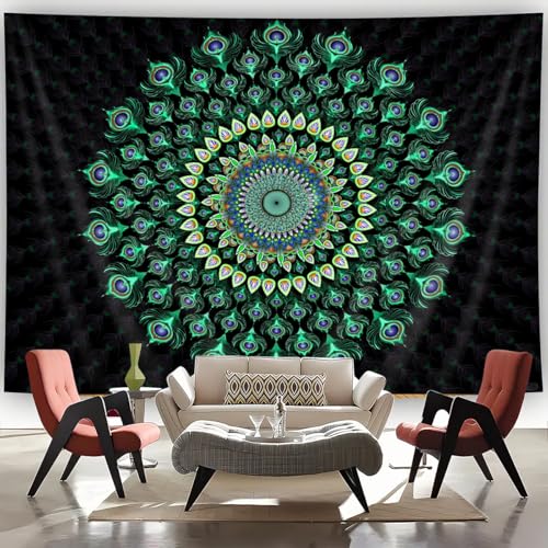FENDROM Bohemian Mandala Tapestry Hippie Tapestries Psychedelic Green Peacock Boho Wall Hanging for Bedroom Living Room Tablecloth - color: Y10, size: 90"L x 70"W