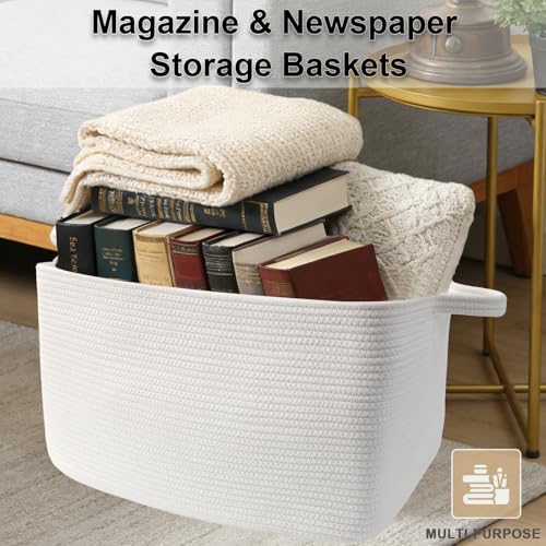 96L Large Blanket Basket,24"x16"x15"Rectangle Storage Bin with Handles,Woven Rope Laundry Basket for Toys, Clothes,Magazines,Home Organization,Nursery,Living Room & Bedroom,White - color: White, size: 24"x16"x15"(96L)
